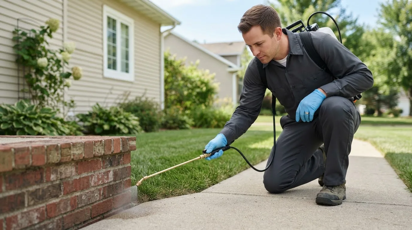 Pest control technician treating a home near Henderson, MI