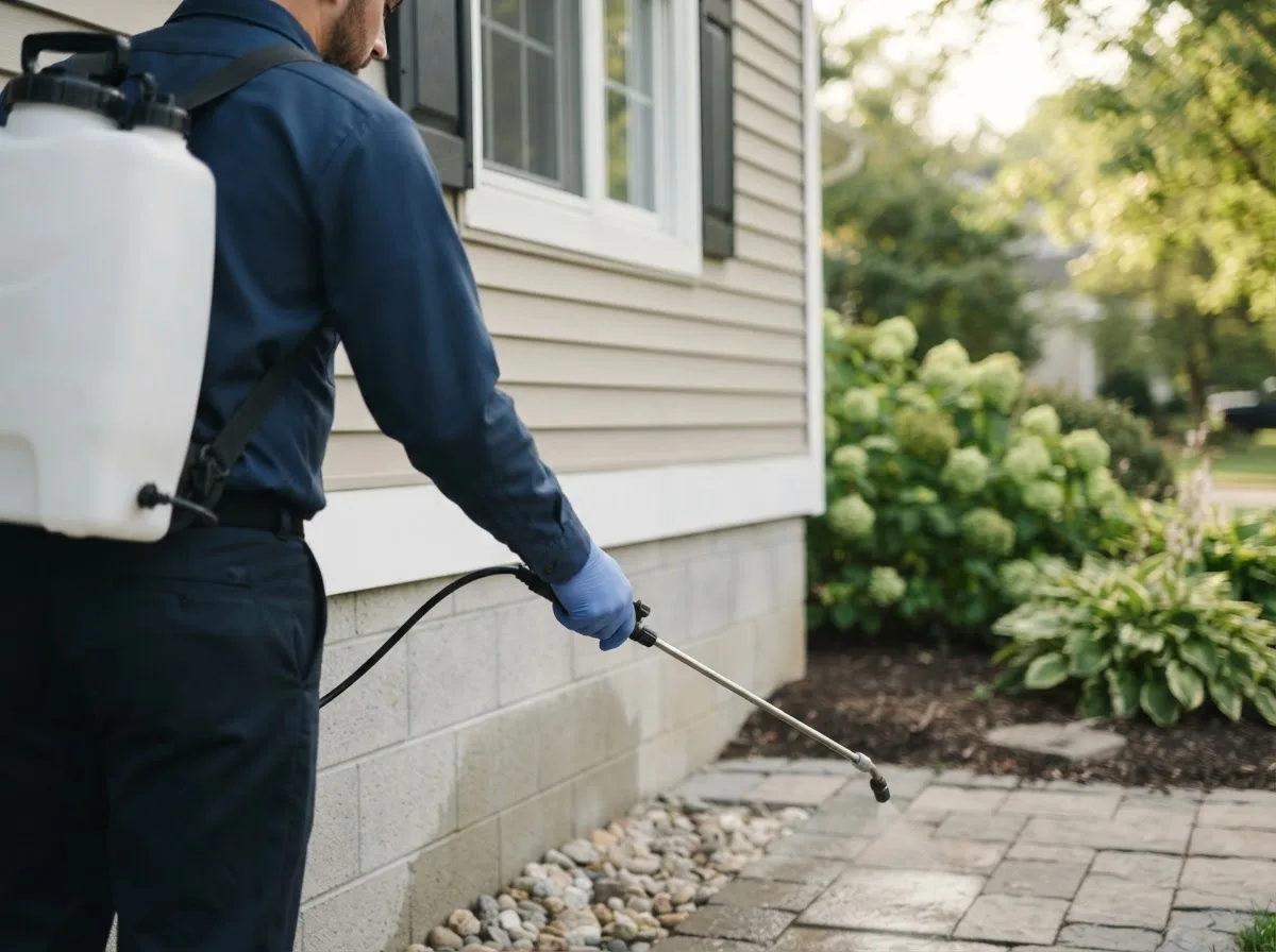 Pest control technician inspecting a home in Henderson, MI